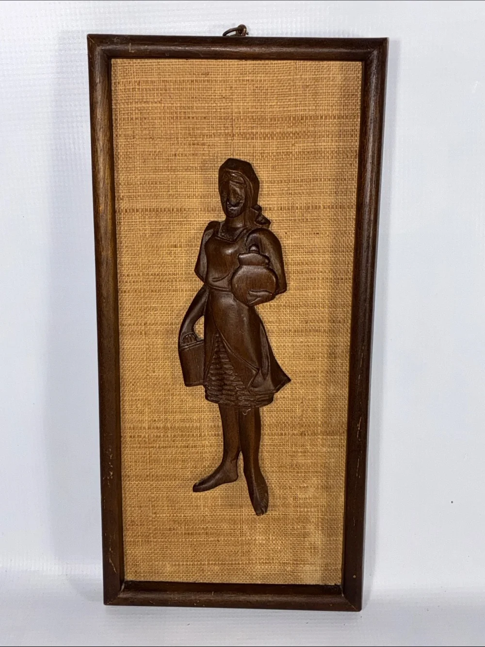 Mid Century Modern Hand Carved Wood & Burlap Wall Decor Set of 2 Vintage 1960s